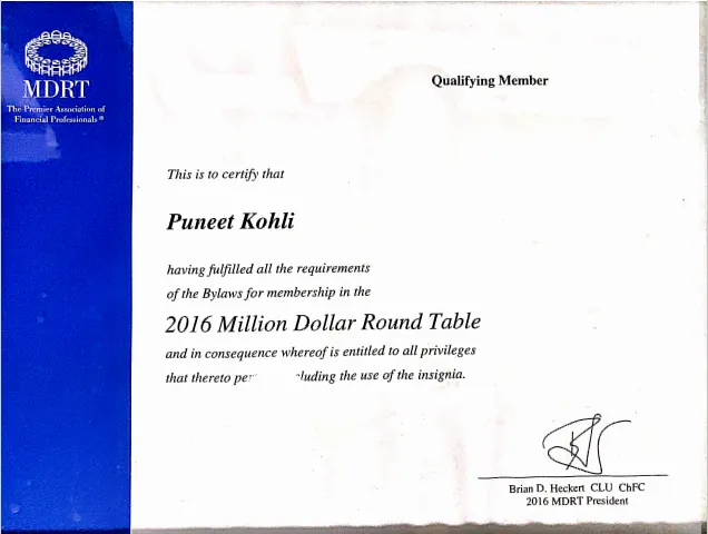 Million Dollar Round Table (MDRT) Member Recognition
